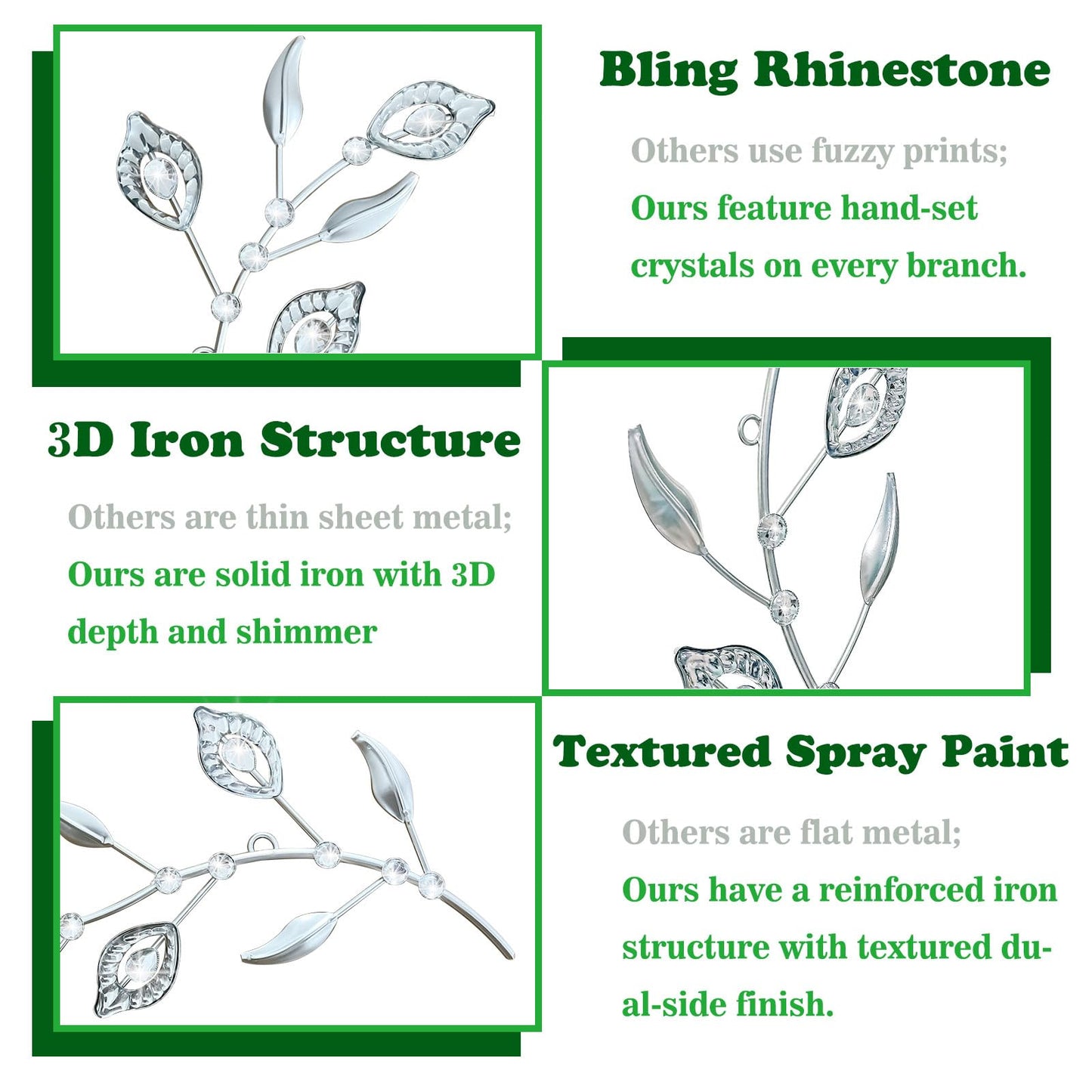 sxnzequnze 2 Sets Leaf Wall Art for Home Metal Bling Rhinestones Ready to Hang Tree Branch Leaves Olive Vine Wrought Iron Hanging Sculpture Pieces Wall Decor Pcs - 16.5in