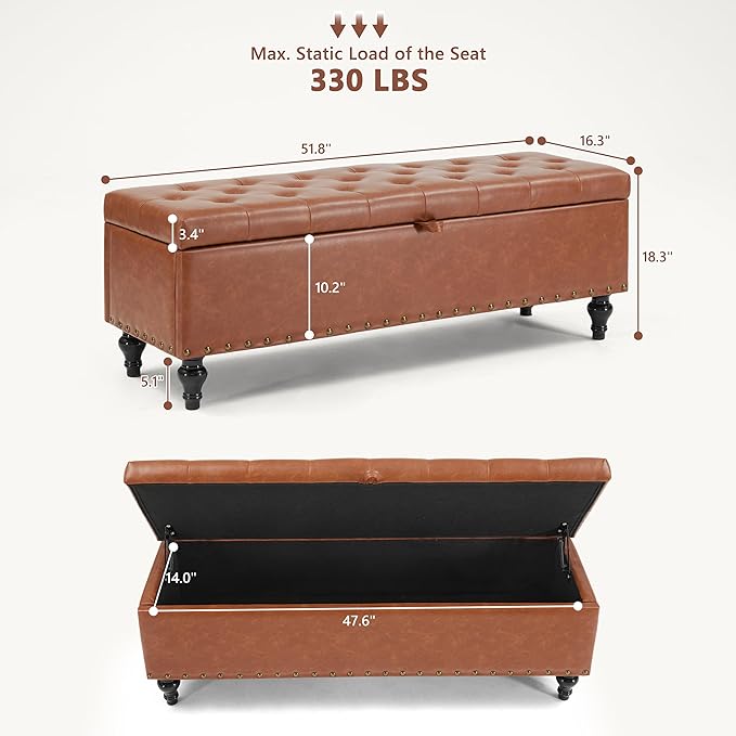 Mangodan 50" Storage Ottoman Bench, Tufted Ottoman with Storage for Living Room, Large End of Bed Ottomans, Modern Entryway Benchs, Window & Bedroom Benches for Foot of Bed (Brown)