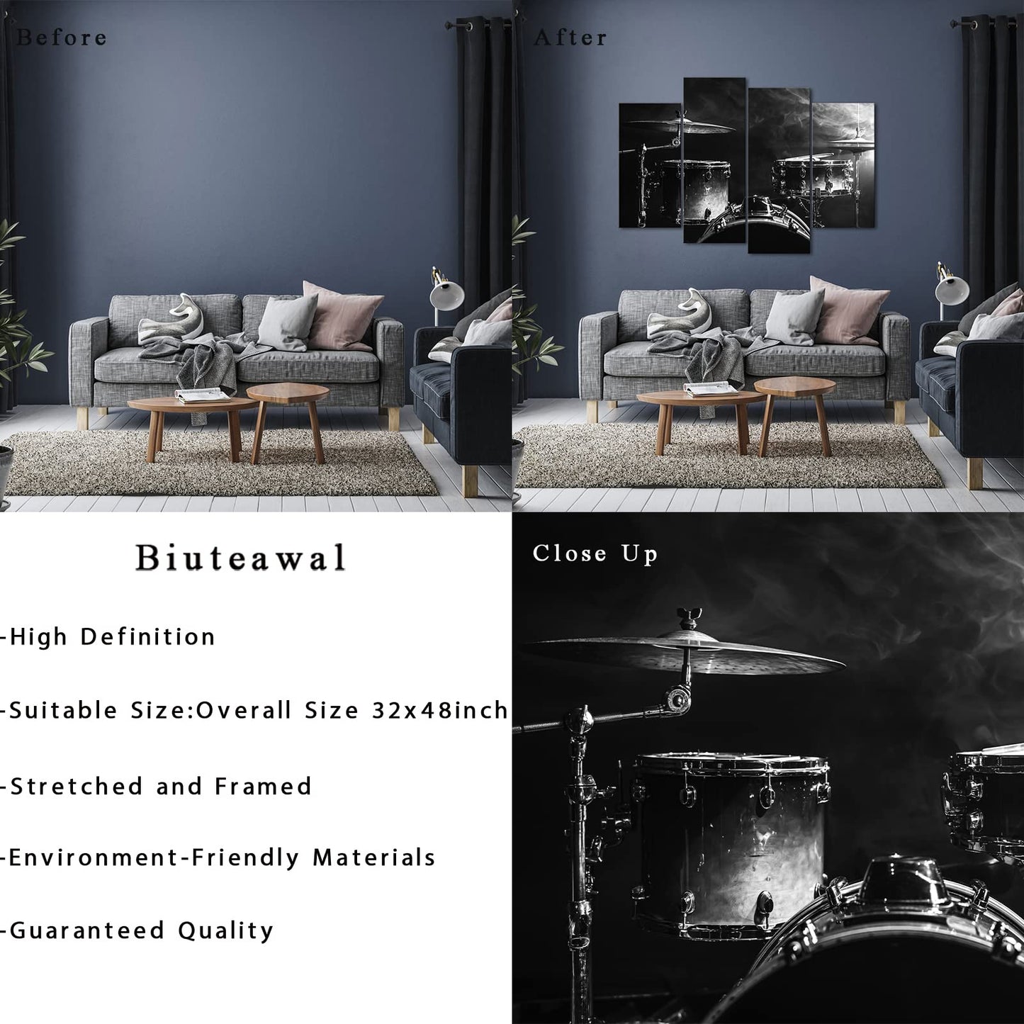 Biuteawal 4 Piece Music Canvas Wall Art Rock Band Shelf Drum Set Picture Prints Artwork Black and White Musical Instrument Modern Living Music Classroom Man cave Bedroom Decor Framed Ready to Hang