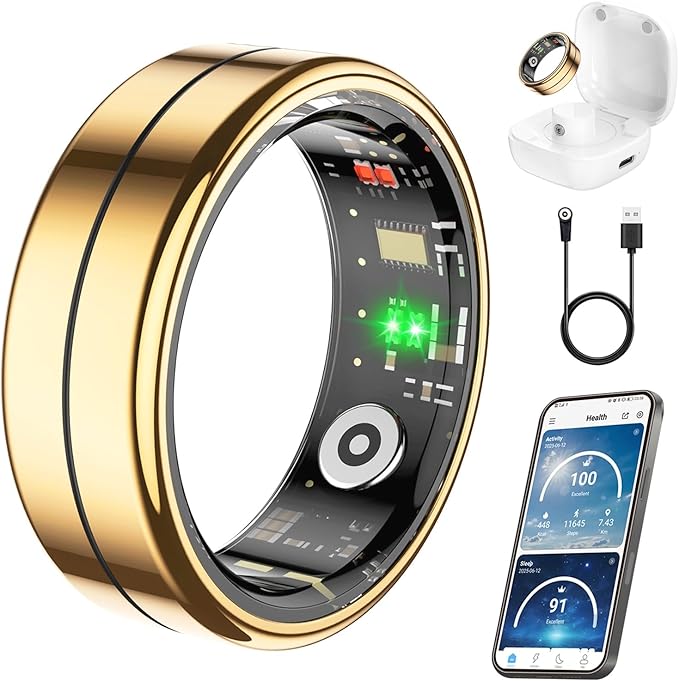 Fit Ring, Smart Health Rings for Women Men with Heart Rate,Blood Oxygen,HRV,Stress Level, Sleep Monitor, Step Tracker, No Subscription Fee, IP68 Waterproof Smart Ring for iphone &Android (Gold, 7#)