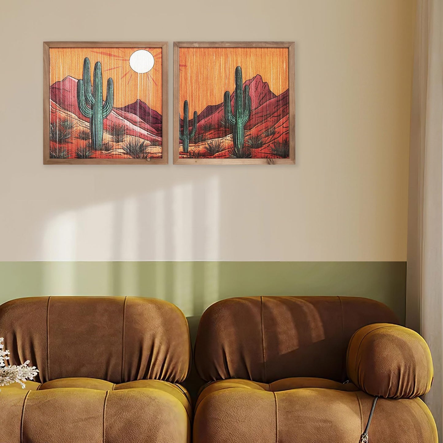flangairy Desert Wall Art, 2 Pcs Wooden Arizona Western Cactus Landscape, Southwestern Living Dining Room Bedroom Home Decor, Tassel String Artwork