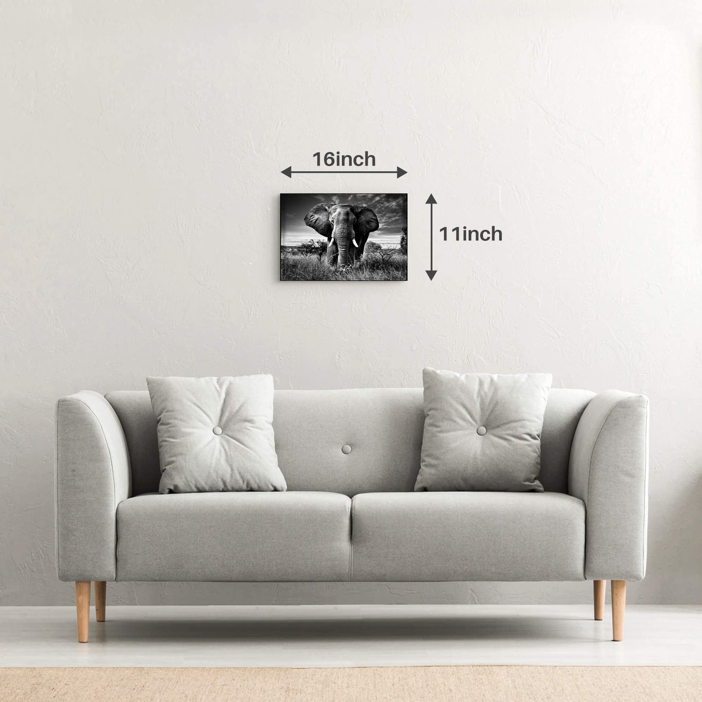 Elephant Black & White Wall Art - Rustic Canvas Painting - African Animal Picture - Natural Artwork for Bathroom & Bedroom Decor - 16x12 Inches