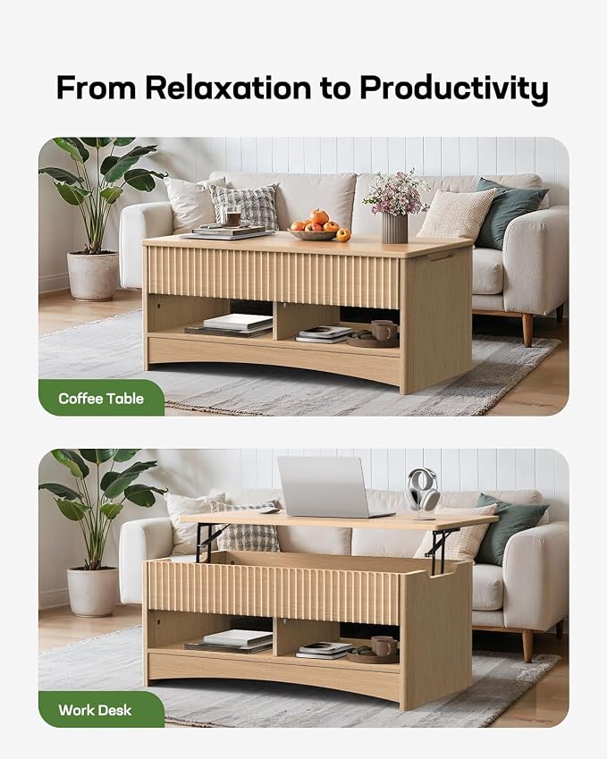 Marsail Lift-Top Coffee Table, Fluted Center Table with Hidden Compartments, Smooth Lifting & Space-Saving Design, Versatile Wood Coffee Table for Living Room and Office, Oak