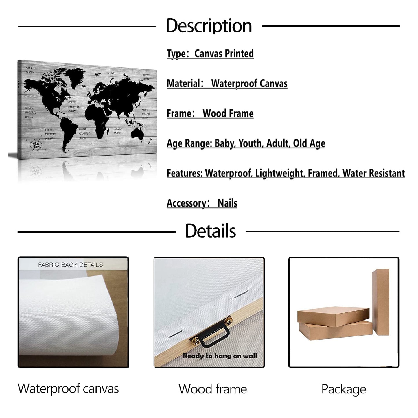 TAOMI World Map Wood Grain Grey Wall Art Black and White Artwork for Office Home Bedroom Decoration Map of the World Canvas Classroom Living Room Wall Décor Frame 12x16inch