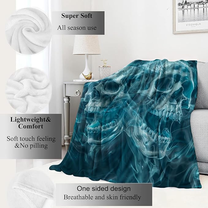 Gothic Blue Skull Blanket,Goth Spooky Throw Blankets,Gifts for Women Men, Lightweight Soft Fleece Cozy,for Sofa Couch Bed Room Travel,Festival Halloween Aesthetics Decor,50x60in