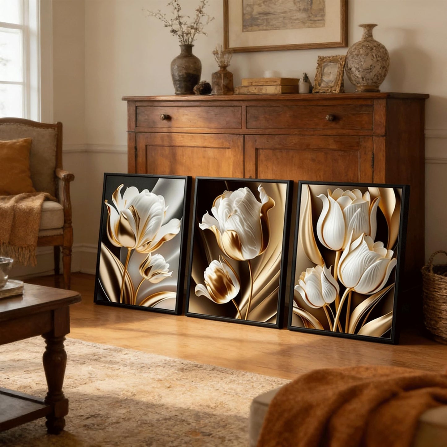 3Pcs Abstract White Gold Floral Wall Art Modern Luxury Minimalism Painting Pictures Wall Decor tulip Plants Posters Prints Artwork for Living Room Bedroom Office Home Decoration 12 x 16in unframed