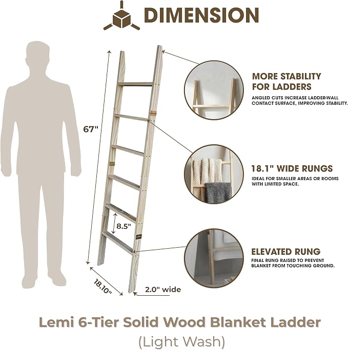 Blanket Ladder for Living Room 6-Tier, Wooden Decorative Quilt Holder for Bed Room, Wall-Leaning Towel Rack for Bathroom, Decorative Blanket Ladder Wood for Home Decor & Display (Light Wash)