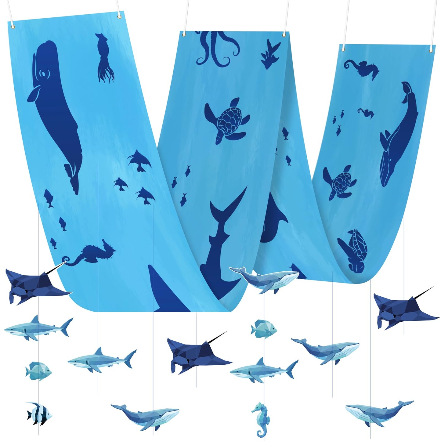 3Pcs Shark Ceiling Decorations, Under the Sea Banners and Ocean Themed Fish Hanging Ornaments Decor Birthday Party Supplies