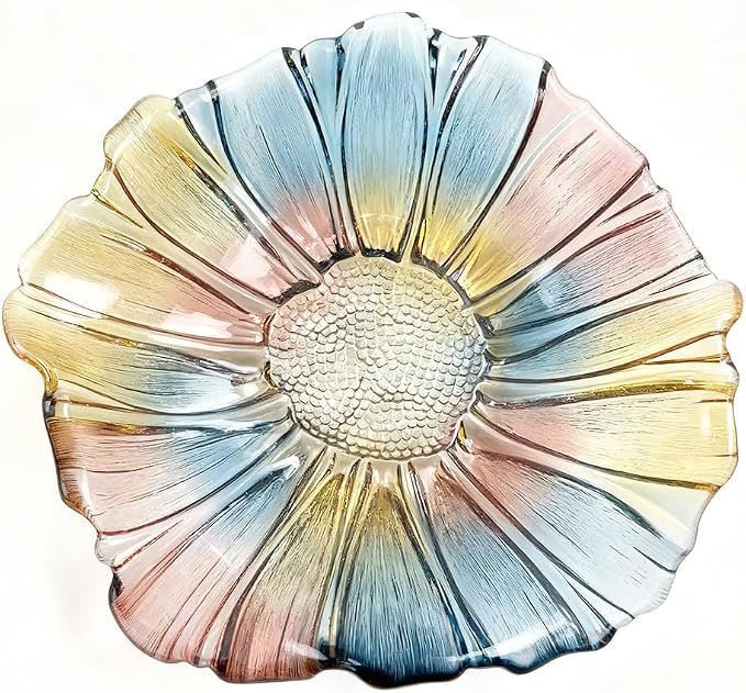 11.5-inch Crystal Glass Colorful Fruit Bowl Dessert Cake Candy Snack Plate,Art Sunflower-shaped,Large Size,Cool Design