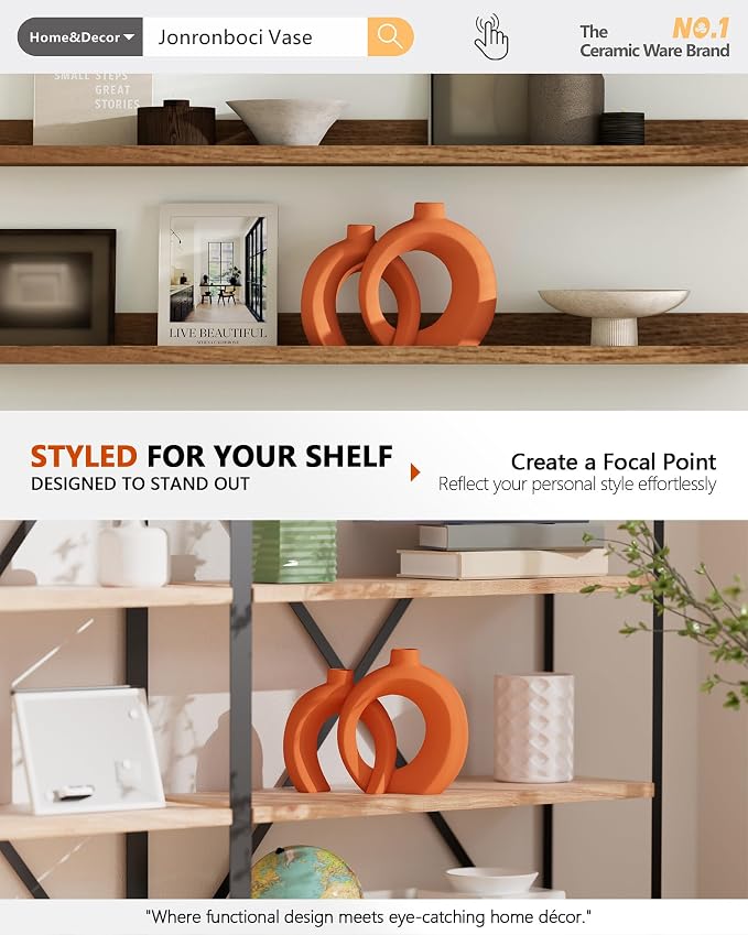 Set of 2 Orange Ceramic Vases for Home Decor Accents - Unique Hollow Donut Artistic Design Mid-Century Modern Eclectic Fall Style Decorative Vases for Shelf, Mantel, Entryway Table Decor(Matte Orange)