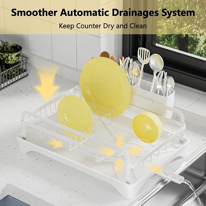 LIYI Dish Drying Rack for Kitchen Counter - Kitchen Dish Rack with Drainboard, Small Dish Drainer with Utensil Holder for Sink, 16.5" D x 11.6" W x 6.6" H, White