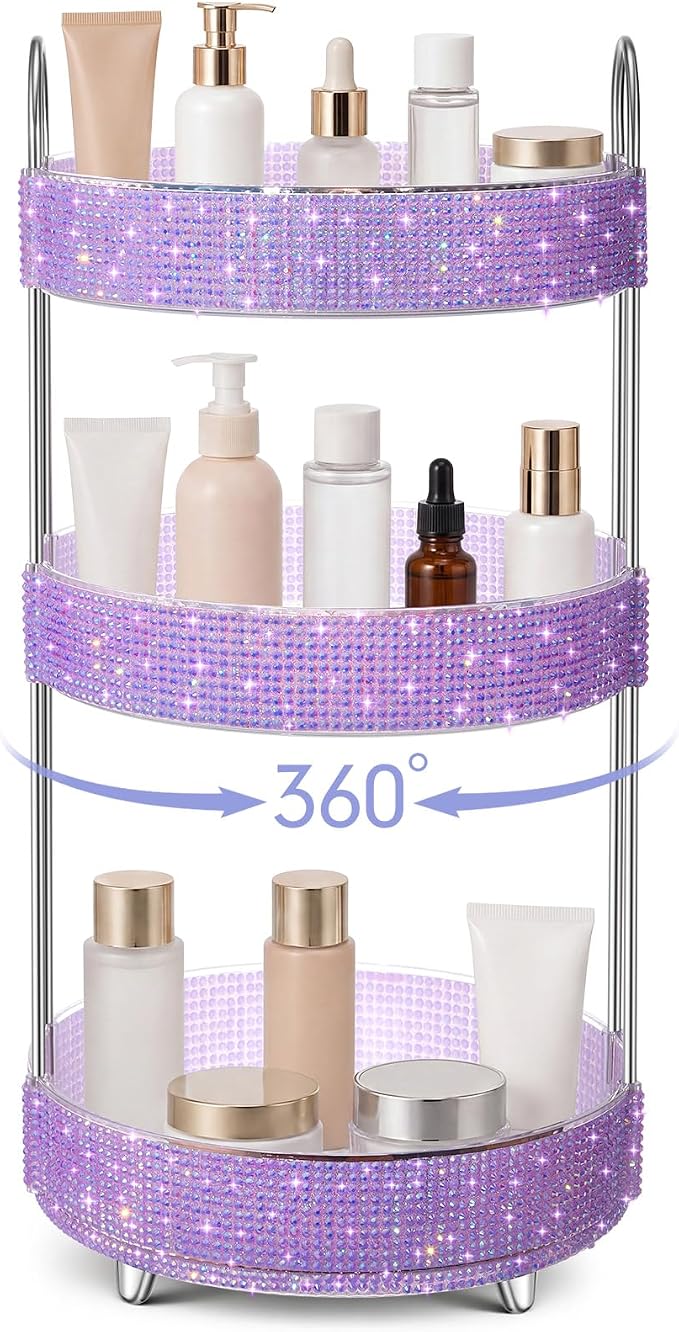 Honeydak 360 Rotating Perfume Organizer for Mother Day Nurse Day Rhinestone Bathroom Counter Organizer Makeup Holder Skincare and Perfume Storage for Cosmetic Countertop(3 Tiers,Resin Stone,Purple)