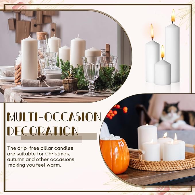 36PC Pillar Candles Bulk 2 in x 3, 6, 8 Inch Long Burning Wax Pillar Candles Unscented Smokeless Dripless for Wedding Centerpieces Spa Lantern Fireplace Home Festival Fall Party Decor (White)