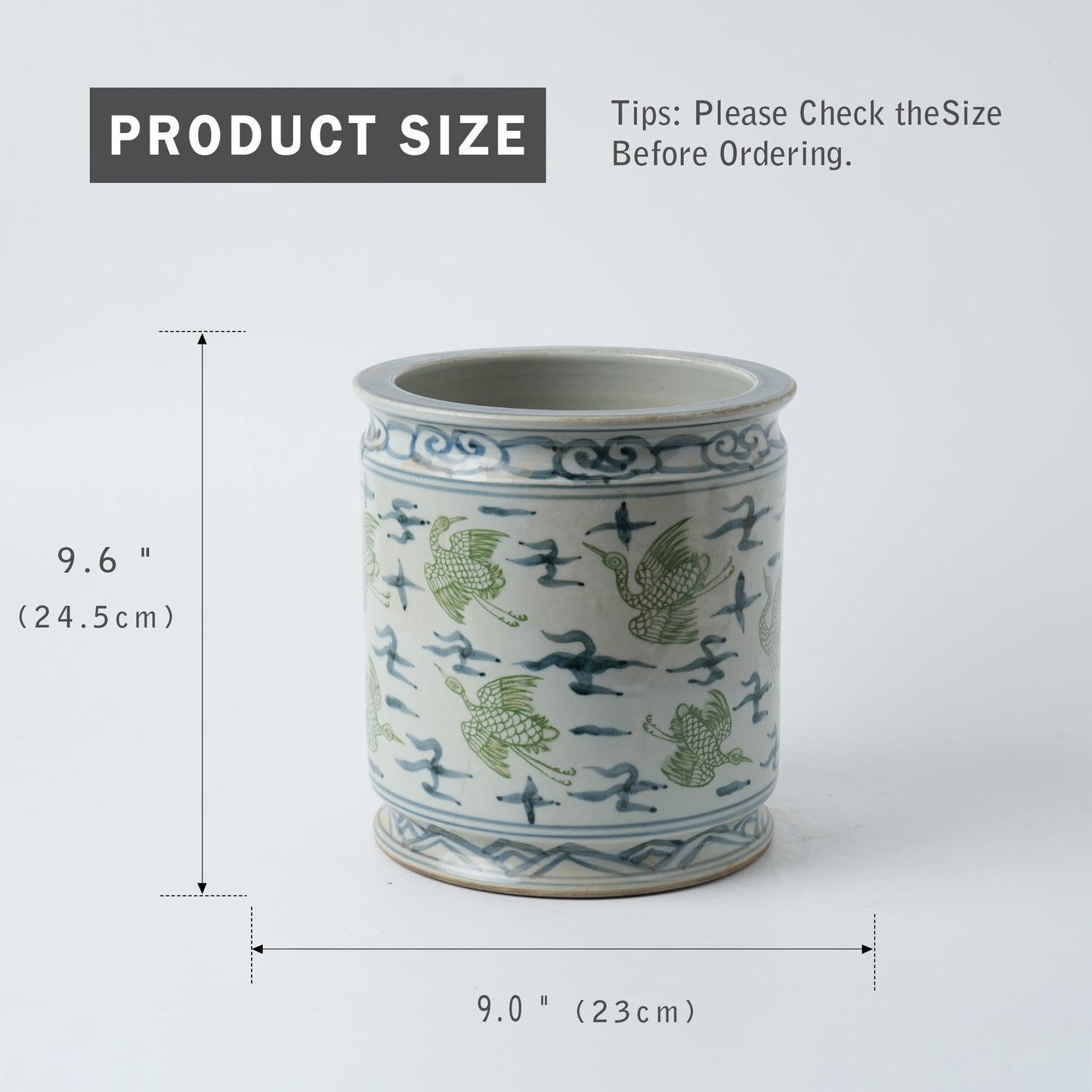 Antique Hand-Painted Flower and Bird Porcelain Pen Holder Old Style Ceramic Planter 9.7 Inch Large Plants Vase Blue & White Porcelain Silla Flower Plant Pots (Green and Blue)