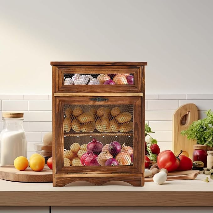 Colingmill Wooden Potato Onion Storage Bin for Kitchen Counter, Farmhouse Vegetable Storage Cabinet with Mesh Door & Lid Rustic Countertop Potato Organizer for Onion Garlic Bread, 11.8 x 6.8 x 16 Inch