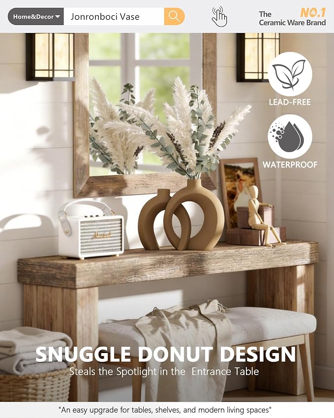 Set of 2 Brown Ceramic Vases for Home Decor Accents - Unique Hollow Donut Artistic Design Rustic Farmhouse Style Decorative Vases for Shelf, Mantel, Entryway Table Decor (Matte Brown)