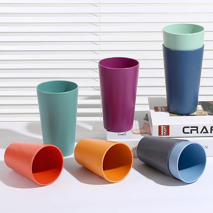 HEYCOME Set of 16 Wheat Straw Cups, 16 Pcs 20 oz Unbreakable Drinking Cups, Reusable Plastic Cups Sets, Water Glasses Tumblers, Microwave & Dishwasher Safe, Bpa Free, 4 Colors