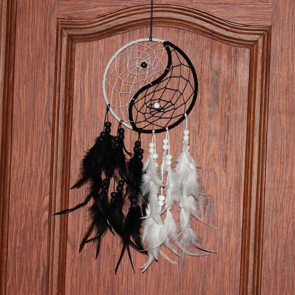 Yahpetes Dream Catcher 19.7" Feather Chandelier Ornaments Handmade Indian Wall Decoration Interior Rearview Pendant Charm Car Hanging with Feathers Beads (Black and White)