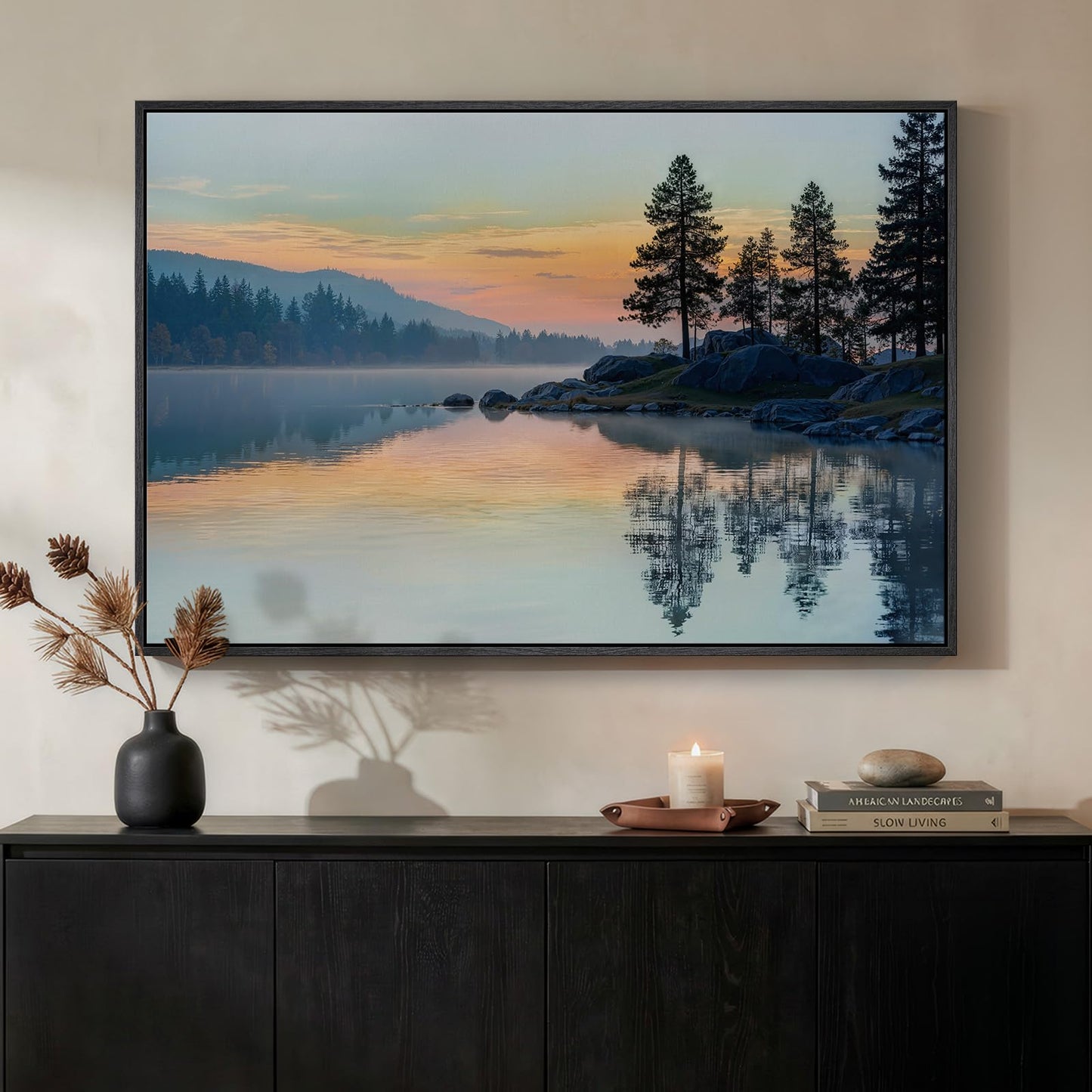 Framed Nature Lake Landscape Wall Art, Horizontal Sunset Canvas Artwork for Walls, Peaceful Scenery Photography Print, Scenic Picture for Living Room Bedroom Office Dining Room Wall Decor, 24x36 Inch