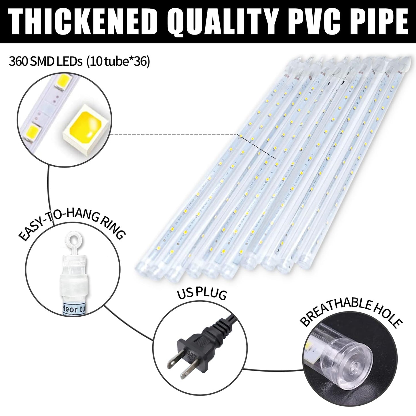 Roytong Christmas Meteor Shower Lights Outdoor - 12 Inch 10 Tube 360 LED High Brightness Falling Rain Icicle Cascading Lights for Xmas Tree Eaves Patio Decor (Can Connect 100 Sets)