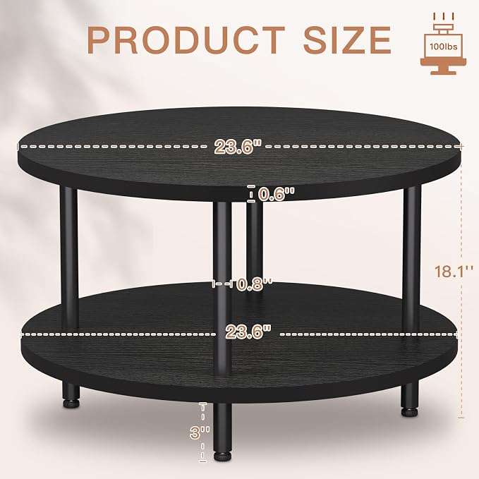 FAMIDGE Round Coffee Table, 23.6" Circle Coffee Table for Living Room, 2-Tier Wood Accent Center Table with Open Storage Industrial Design Home Furniture, Black