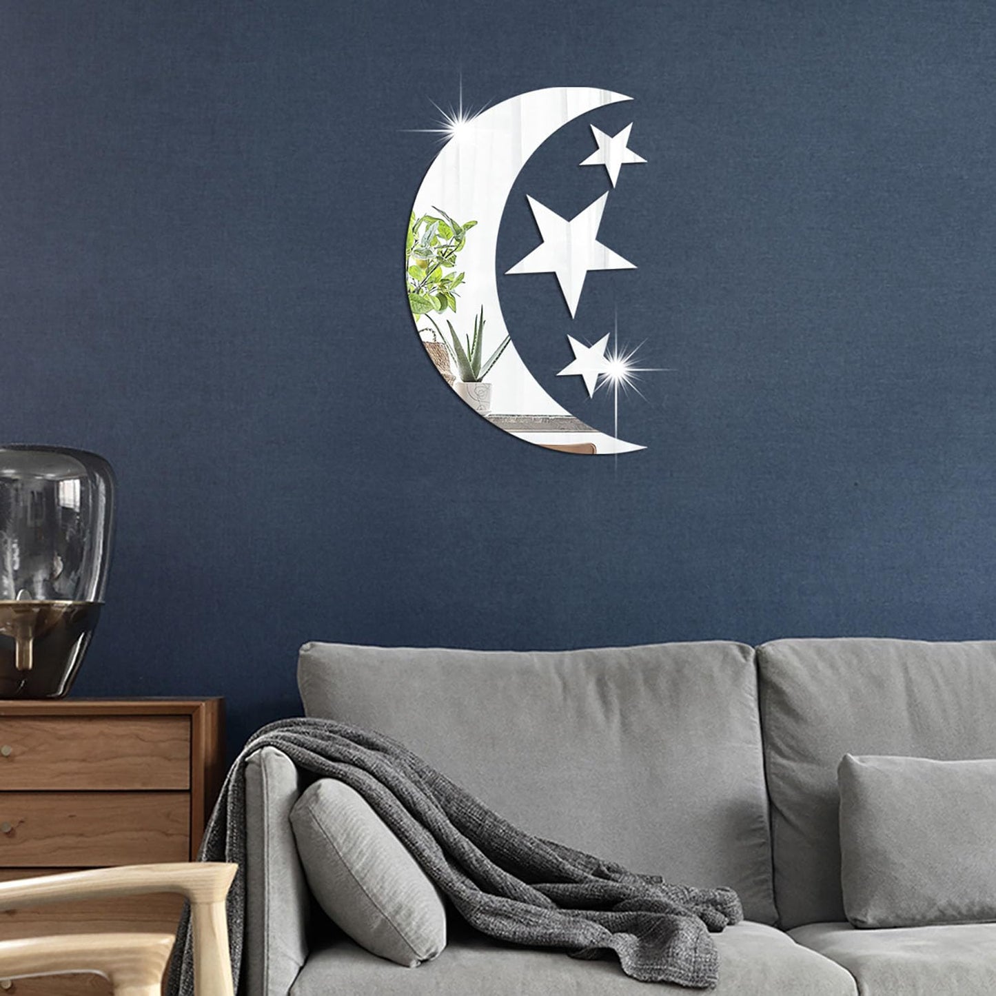 4PCS 3D Moon Moon Star Mirror Wall Decor,Star DIY Art Wall Decals Self Adhesive Decorative Stickers Decals for Kids Baby Nursery Living Room Bedroom Children's Room Playroom Decorations