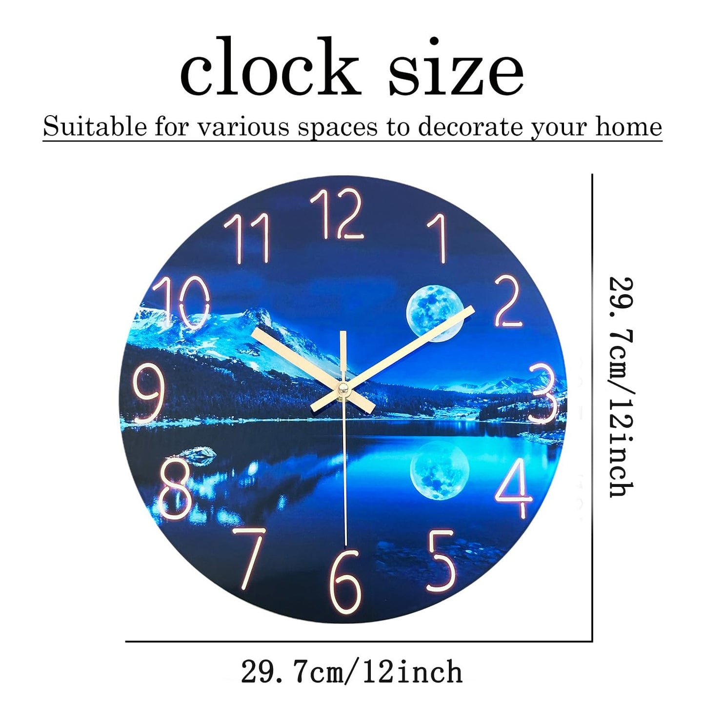 Constantplanet Blue Wall Clock for Bedroom 12 Inch Natural Landscape Round Analog Clock Battery Operated Moon Wall Clock Non Ticking
