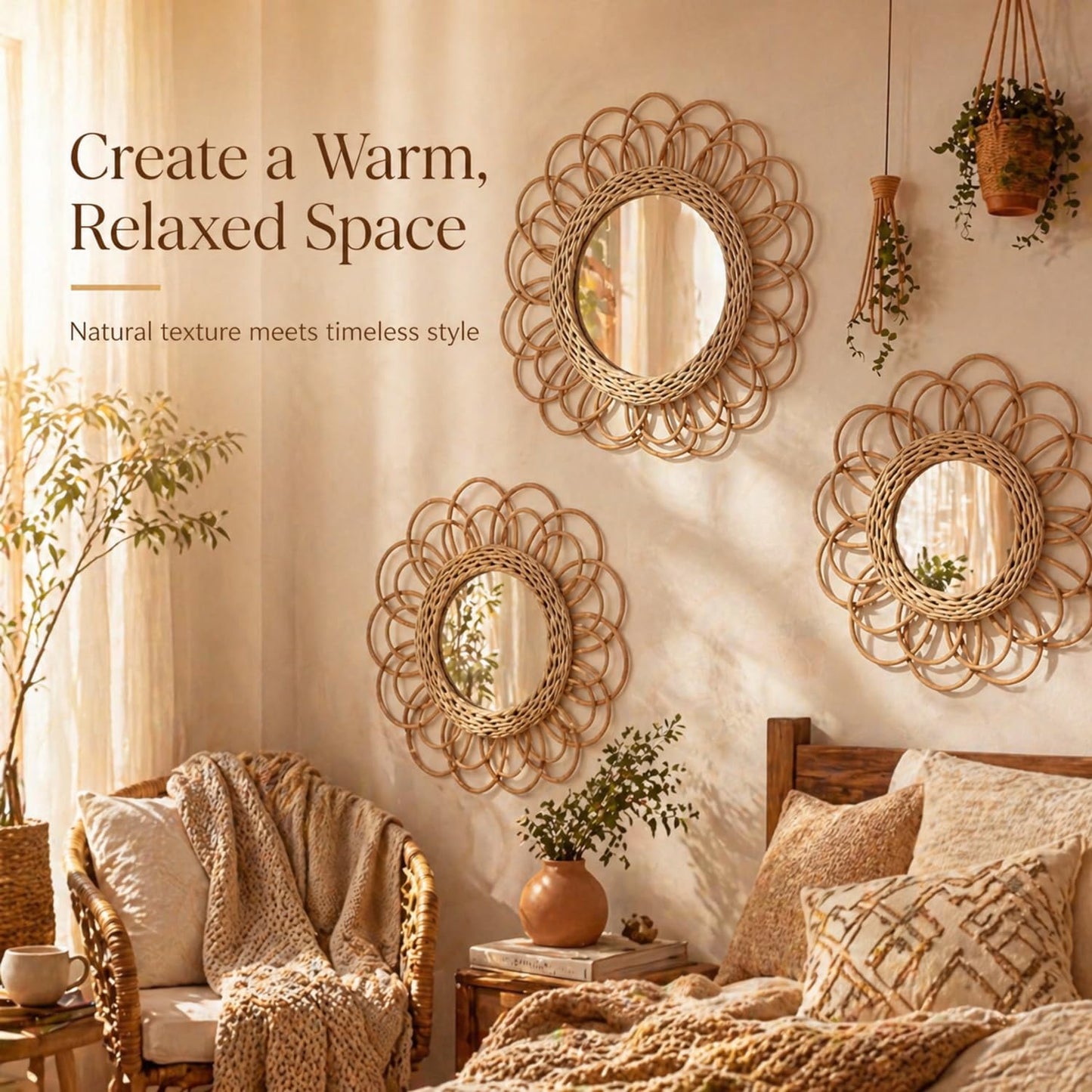 Vercraft 3 Pack Boho Rattan Mirror Wall Hanging Decor, 15.7" & 11.8" Sunflower Round Woven Decorative Circle Mirrors, Hanging Art Decor for Farmhouse Bedroom Living Room Bathroom Gallery Wall
