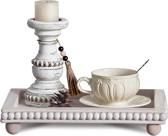 Decorative Coffee Table Tray, 13.5 x 9.7 Inch White Washed Wooden Beaded Tray with Removable Legs, Rustic Farmhouse Rectangular Tray for Coffee Table, Kitchen Counter and Vanity Decor