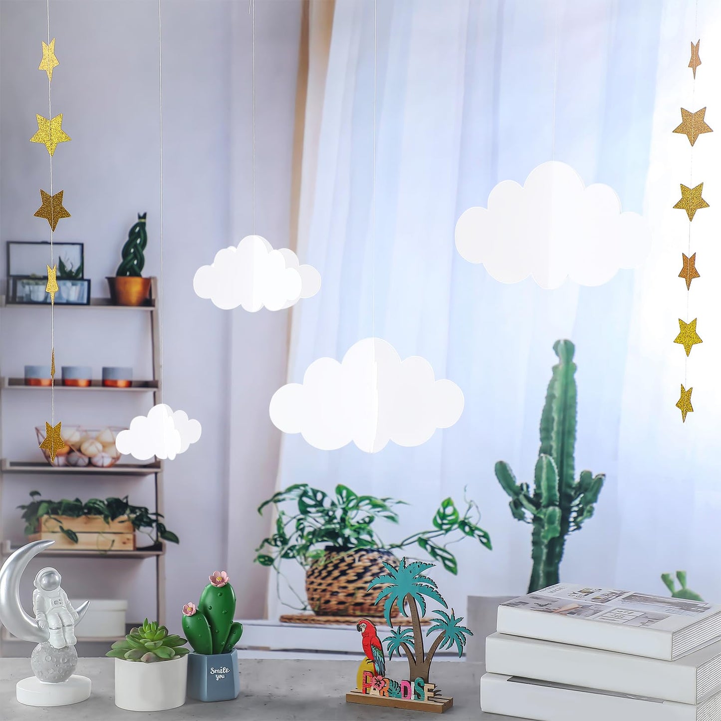 Hotop 18 Pcs 3D Cloud Party Decorations Hanging Clouds with Stars Garland White Paper Decorations for Baby Shower Wedding Ceiling Party Room Decor