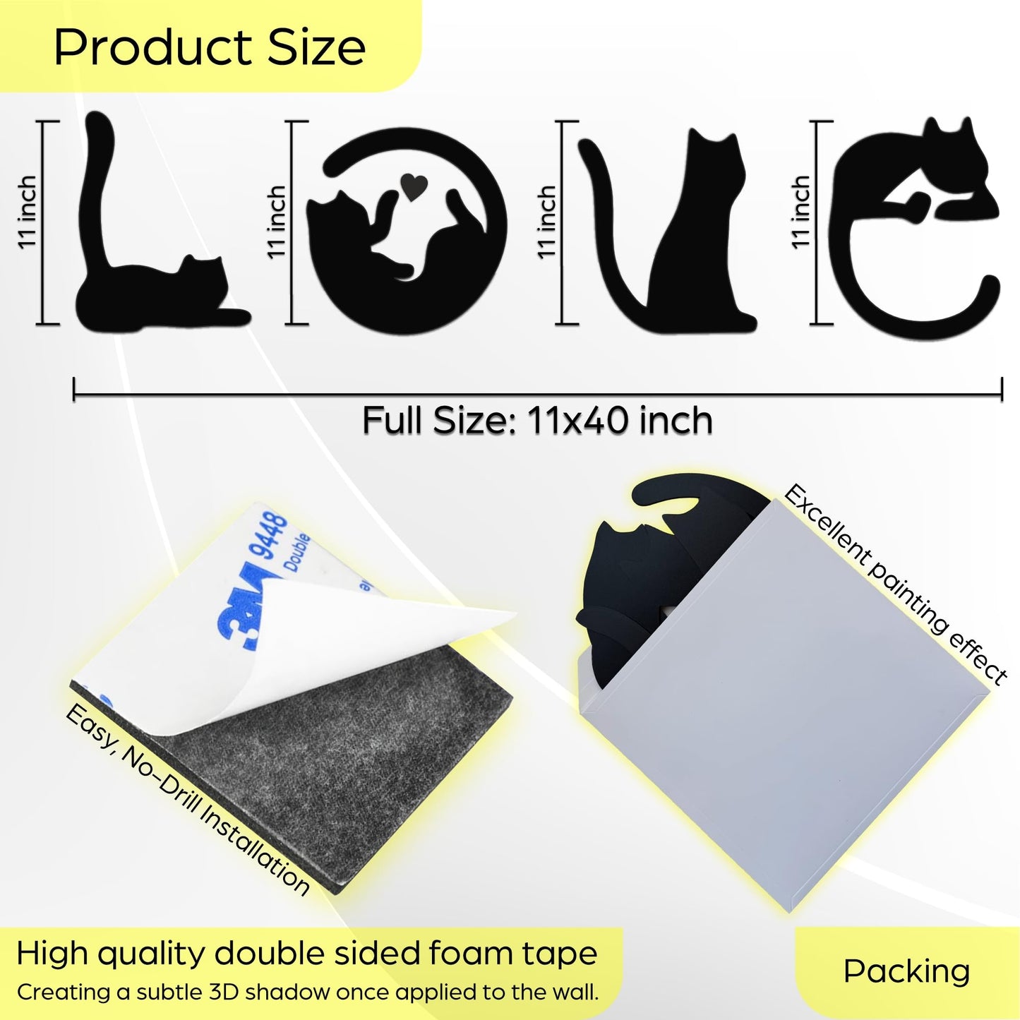Black Cat Wall Decor Set of 4-11x40 Inch Cats Spell LOVE Wall Art - Engineered Wood Cat Silhouette Decor for Living Room Bedroom Kitchen - Cat Lover Housewarming Birthday Gift