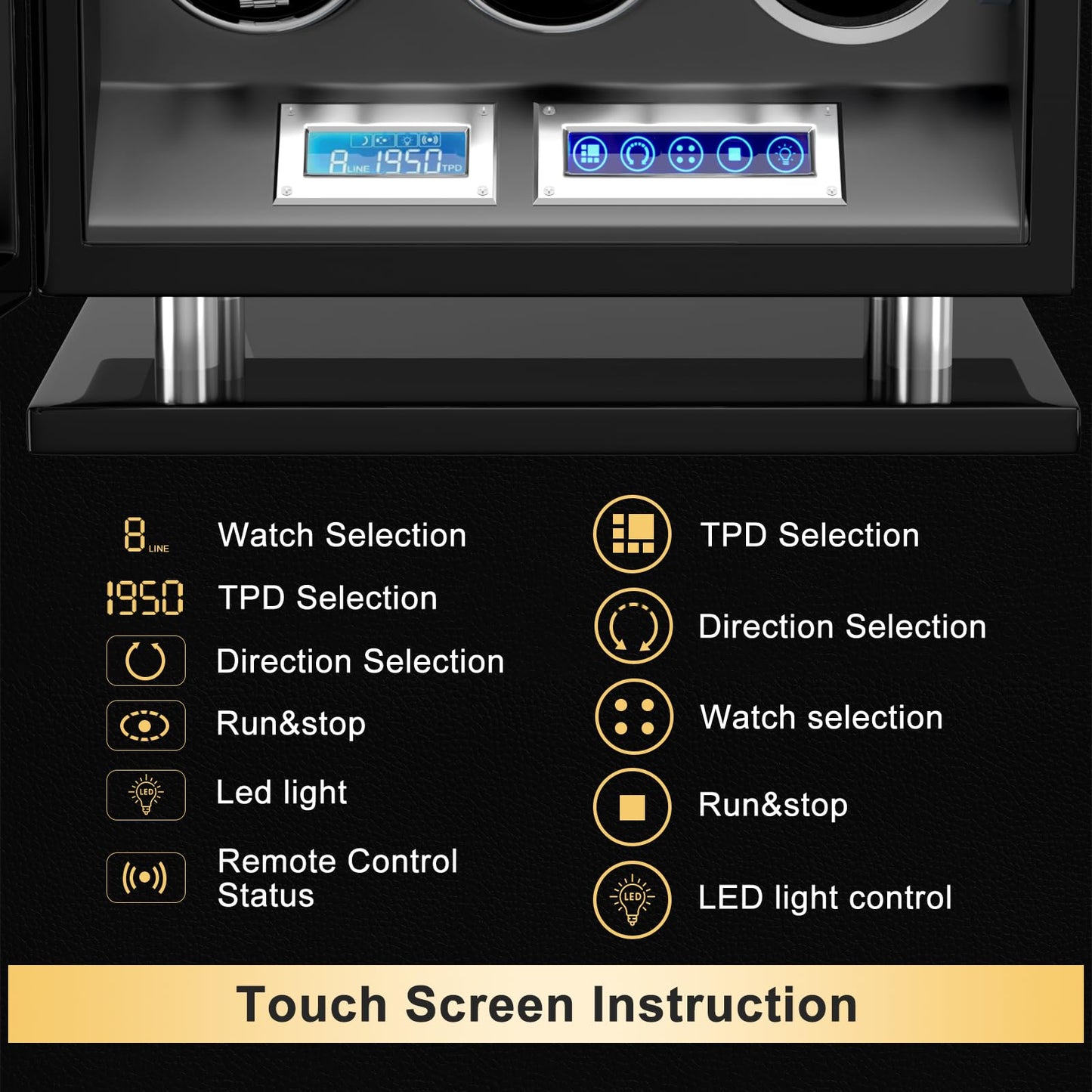 DUKWIN Watch Winder for 6 Automatic Watches, Fingerprint Lock Watch Winders with LCD Touchscreen, Blue LED Light, Remote Control,Adjustable Pillow and Quiet Motor for Universal Watches, 5TPD