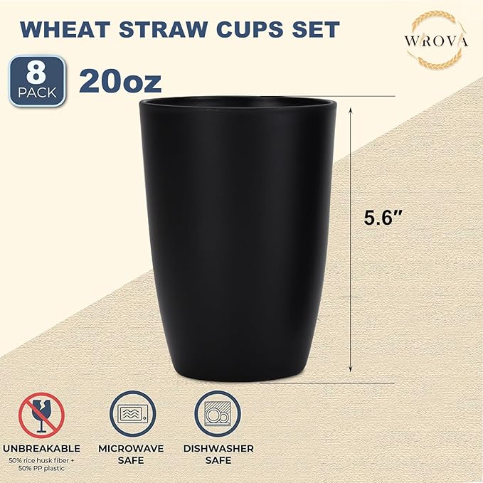 Wrova Wheat Straw Cups 8 PCS Good Alternative to Plastic Cups 20 oz Unbreakable Drinking Cups Reusable Tumbler Set Dishwasher Safe Water Glasses Classic Series
