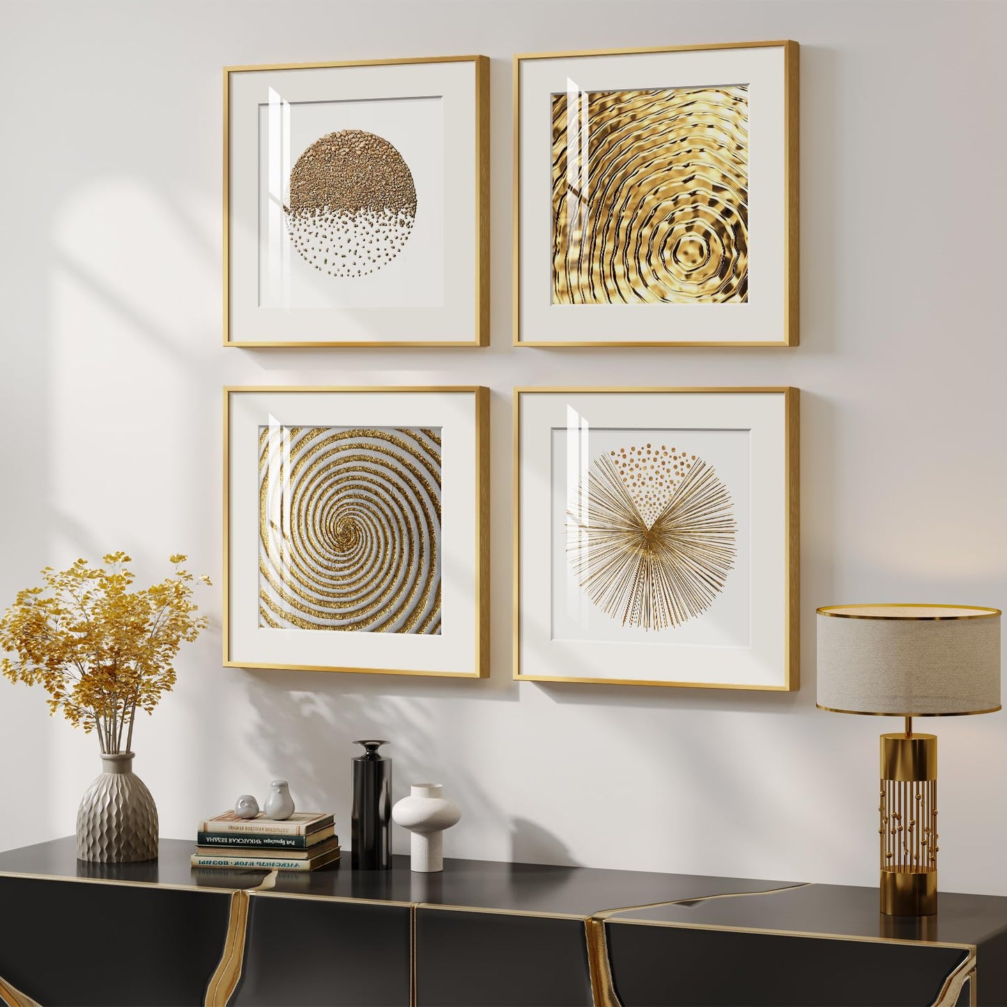 4 Pcs Framed Modern Gold and White Wall Art, Luxury Minimalist Canvas Pictures Prints, Geometric Painting Artwork Home Decoration for Hallway, Bathroom, Dining Room and Living Room