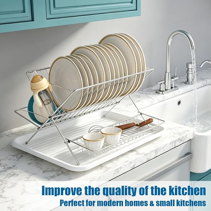 Stainless Steel Foldable Dish Drying Rack, 2 Tier Collapsible Kitchen Rack for Counter, Large Capacity Expandable Dish Drainer Rust Proof