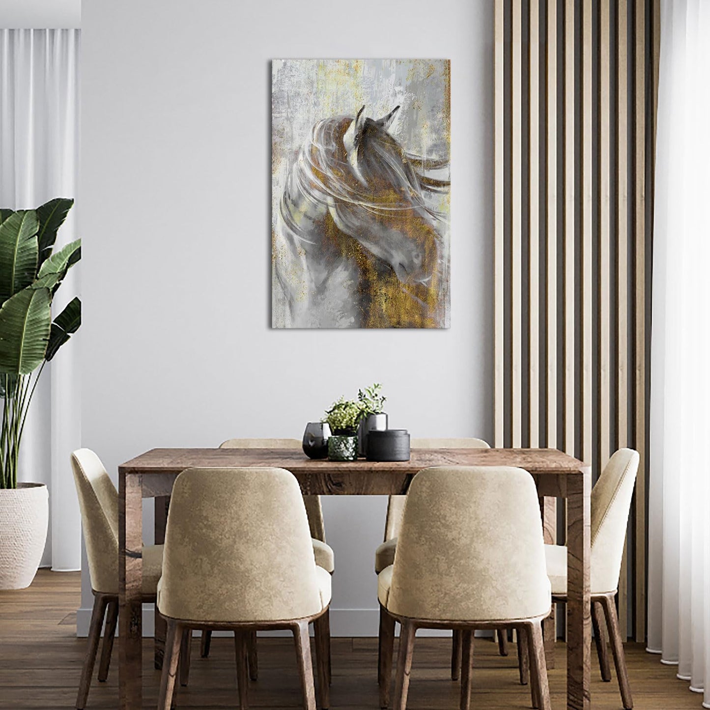 LoveHouse Horse Wall Art Abstract Gold Grey Horse Canvas Paintings Modern Horse Wall Decor for Living Room Bedroom Office Framed 24"x36"