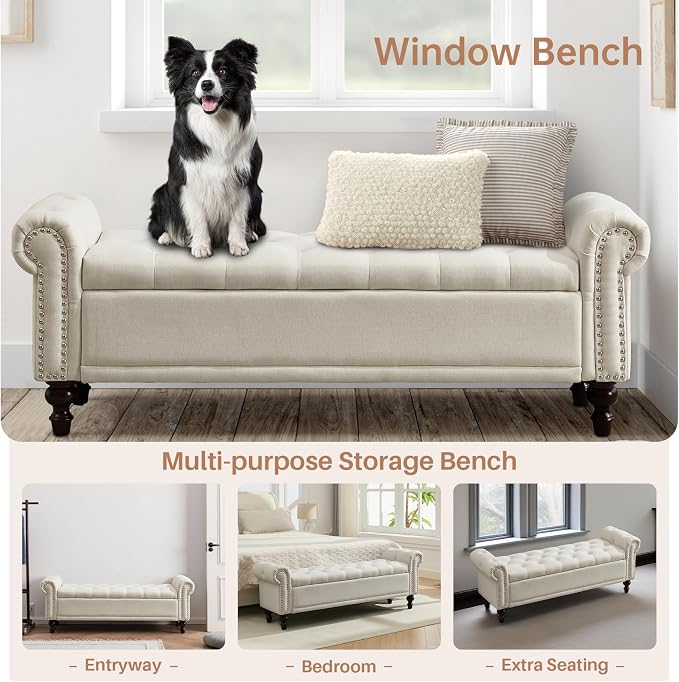 58'' Upholstered Storage Bench for Bedroom, Linen End of Bed Storage Ottoman Benches Large, Button Tufted Ottomans with Storage for Living Room/Entry Way/Closet, Beige