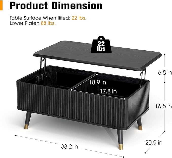 JOINICE Lift Top Coffee Table with Storage, Modern Black Fluted Design, Pop-Up Center Table with Hidden Compartment for Living Room & Home Office Work/Dining