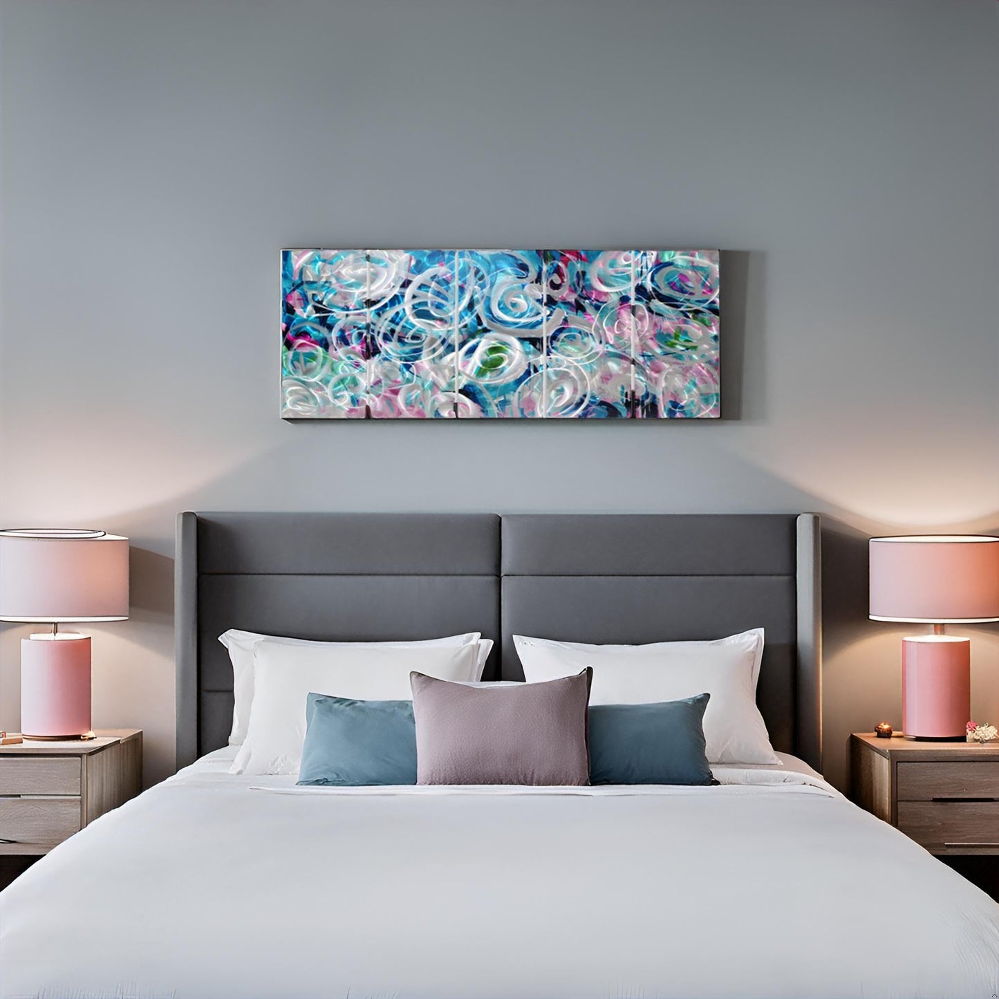 RICHSPACE ARTS Large Flower Field Metal Wall Art with 3D Texture 5 Pieces Blue and Pink Modern Wall Decor Hanging Sculptures for Living Room Bedroom Office Home Gift Ideas