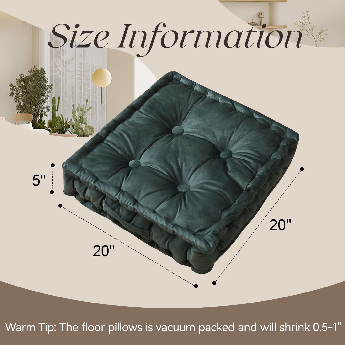 RuzRhyth Square Floor Pillows, Large Floor Cushion for Adults Kids, Meditation Floor Pillow Seating Cushion with Shredded Memory Foam and Silk Wadding, 20"x20"x5" Dark Green