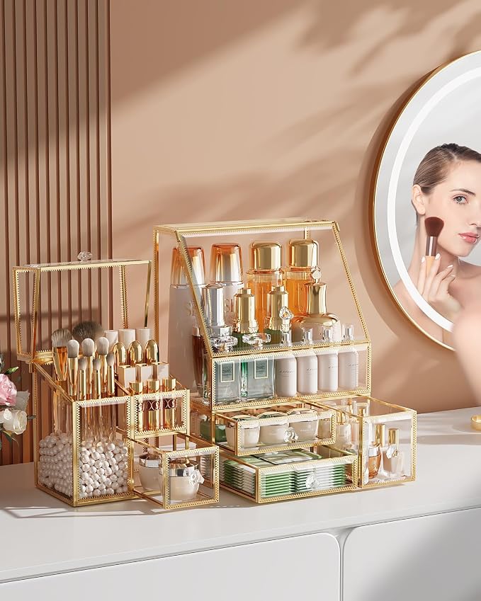 CoralHouse Makeup Organizer with Lid, 3-Piece Clear Glass Vanity Organizer with Gold Frame, Cosmetic Display Case for Perfume, Skincare, Lipsticks, Brushes and Bathroom Countertop