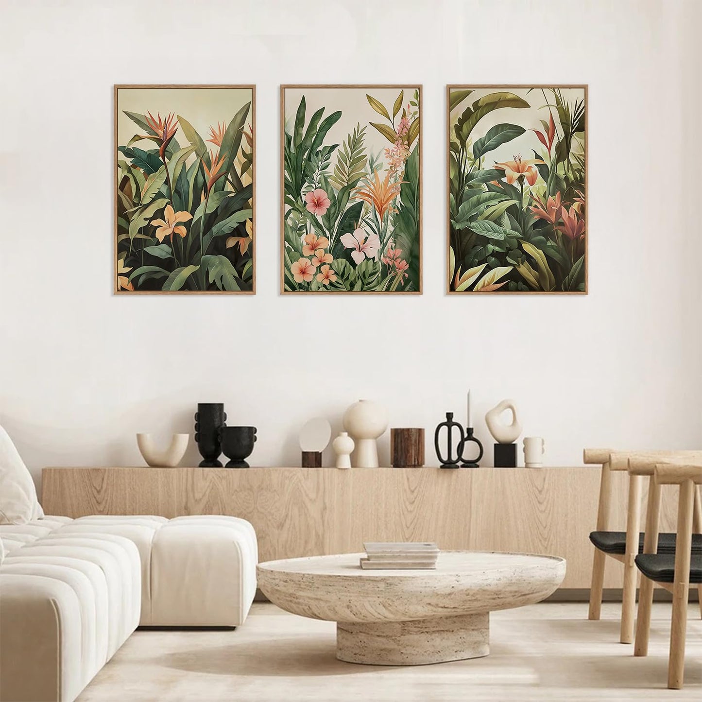 HLNIUC Boho Tropical Leaves Wall Art,Modern Abstract Floral Canvas Wall Decor Set of 3(16”x24”) Green Plant Banana Leaf Painting,Tropical Botanical Jungle Art Print for Living Room,Bedroom,Office