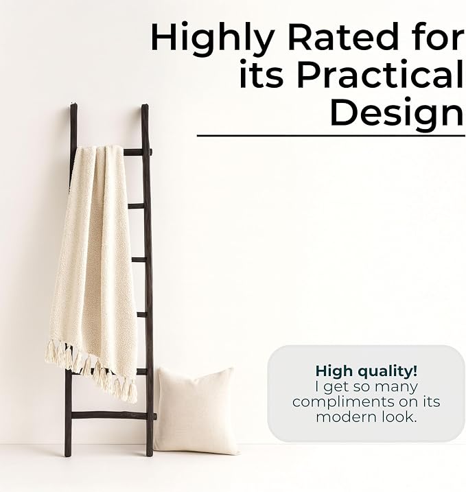Decorative Vertical Ladder with Towel Rack Design for Blankets - Slim Storage Stand with Hooks for Bedroom or Living Room - Classic Textile Display Accent for Home Decor Ladder - 76", Black