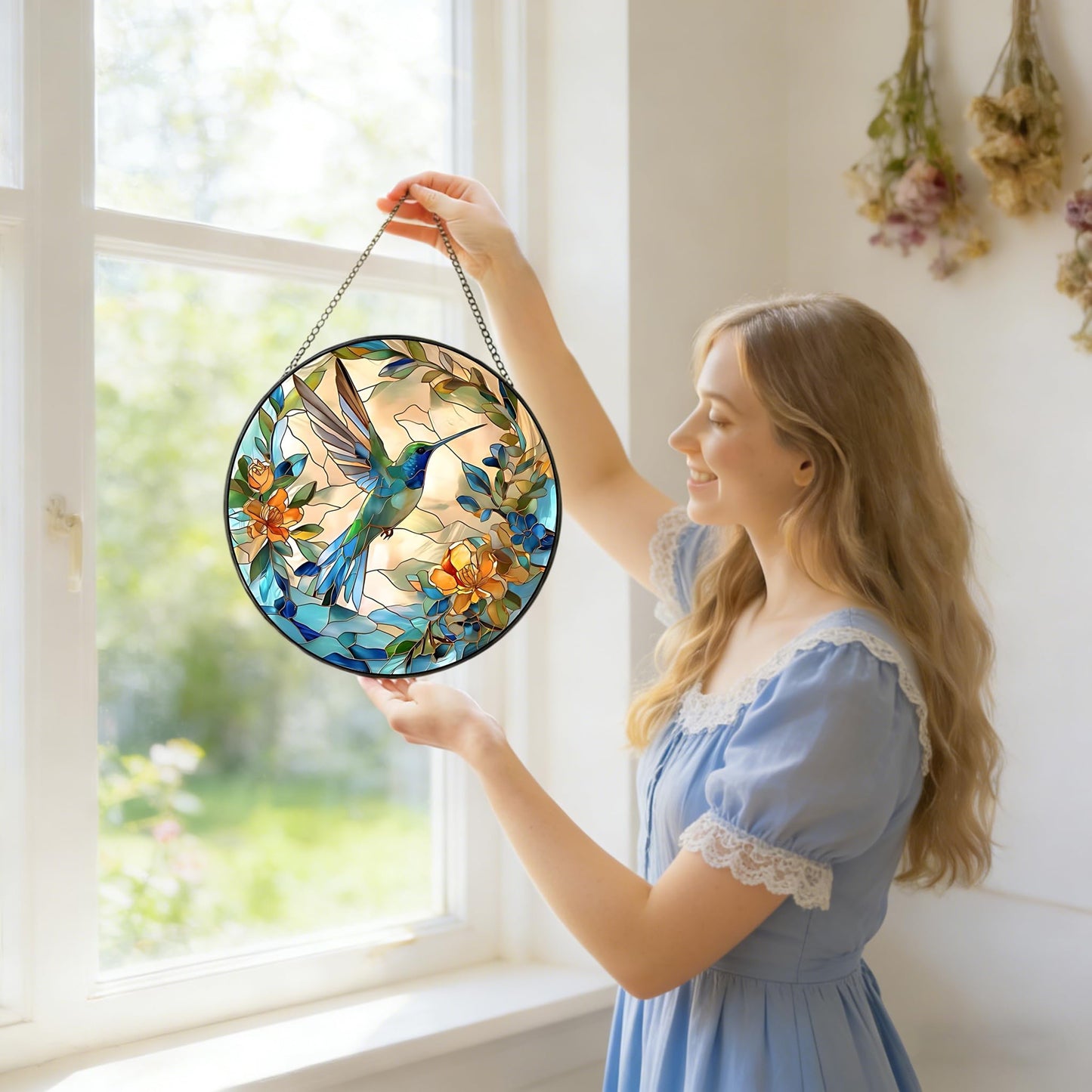 9.8 In Hummingbird Stained Glass Window Hanging, Large Stained Glass Suncatcher for Indoor Home Decor, Vibrant Bird & Flower Window Suncatcher Ornament for Garden, Ideal Gift for Women Mom Bird Lovers