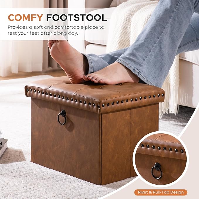 oakvivo Folding Storage Ottoman 16x12x12 inches, Small Faux Leather Foot Rest Stool with Button Tufted Rivet Design, Footstool Bench, Ottoman with Storage for Living Room Bedroom Coffee Table, Brown