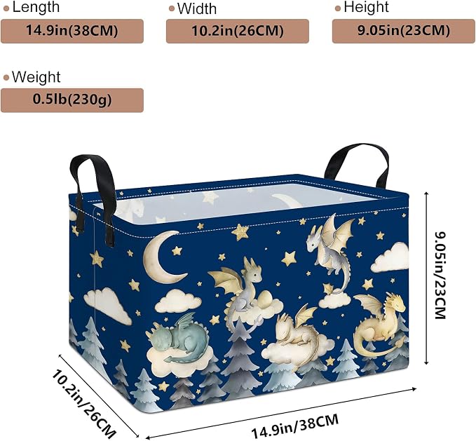 Rectangular Dragon Pattern Storage Bin, Decorative Canvas Laundry Basket with Dual Handles, Foldable Toy & Household Organizer, Multipurpose Party Gift Basket for Home Bedroom Dorm(Cute Dragon)