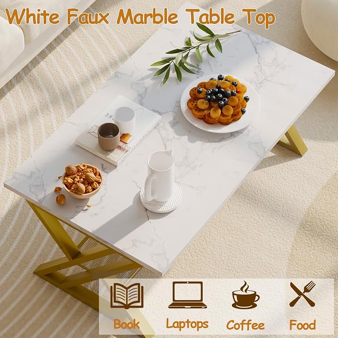 Wolawu Coffee Table Living Room Table with Storage Shelf, White Table Simple Modern Faux Marble Rectangular Tables with Sturdy Gold Metal Frame,Industrial Wooden Coffee Table for Bedroom Home Office