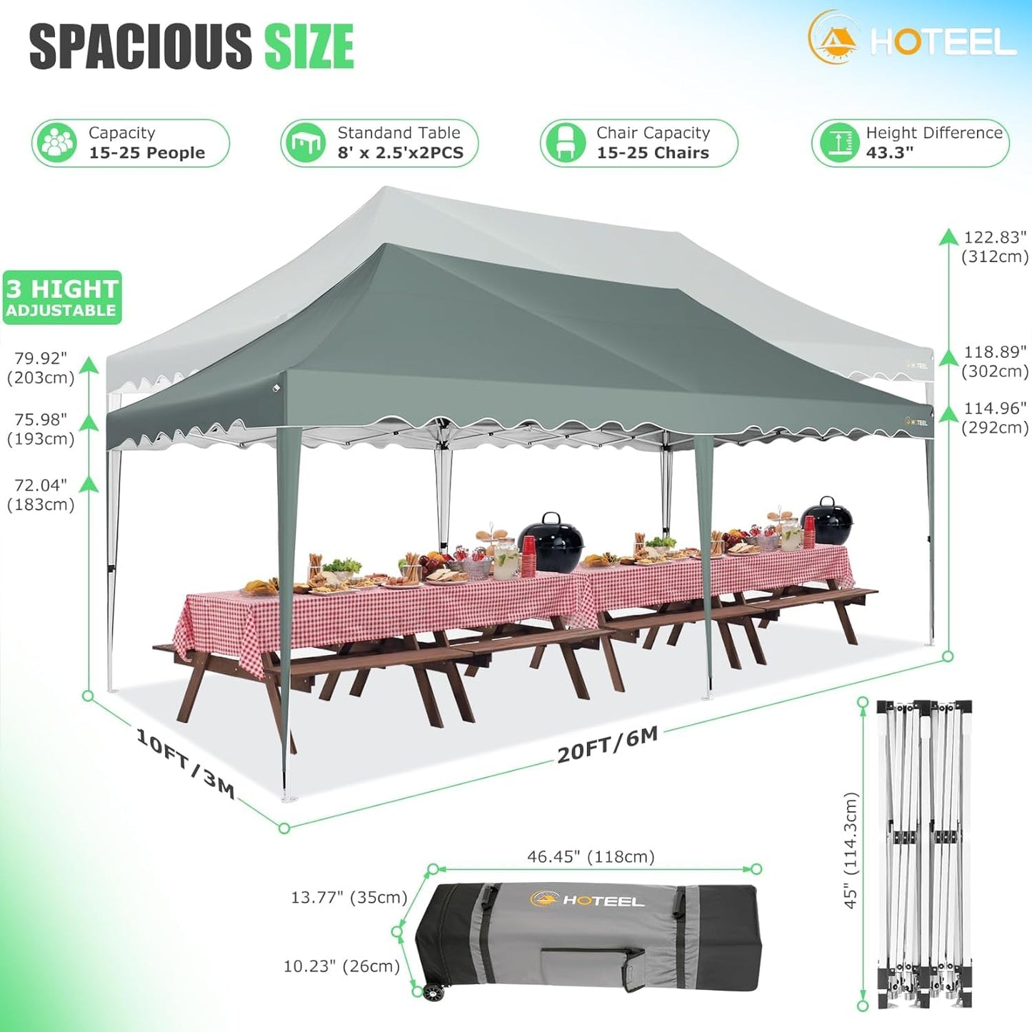 HOTEEL 10x20 Pop up Canopy Tent with 6 sidewalls Easy Up Commercial Outdoor Wedding Party Tents for Parties All Season Wind & Waterproof Gazebo Roller Bag, Gray