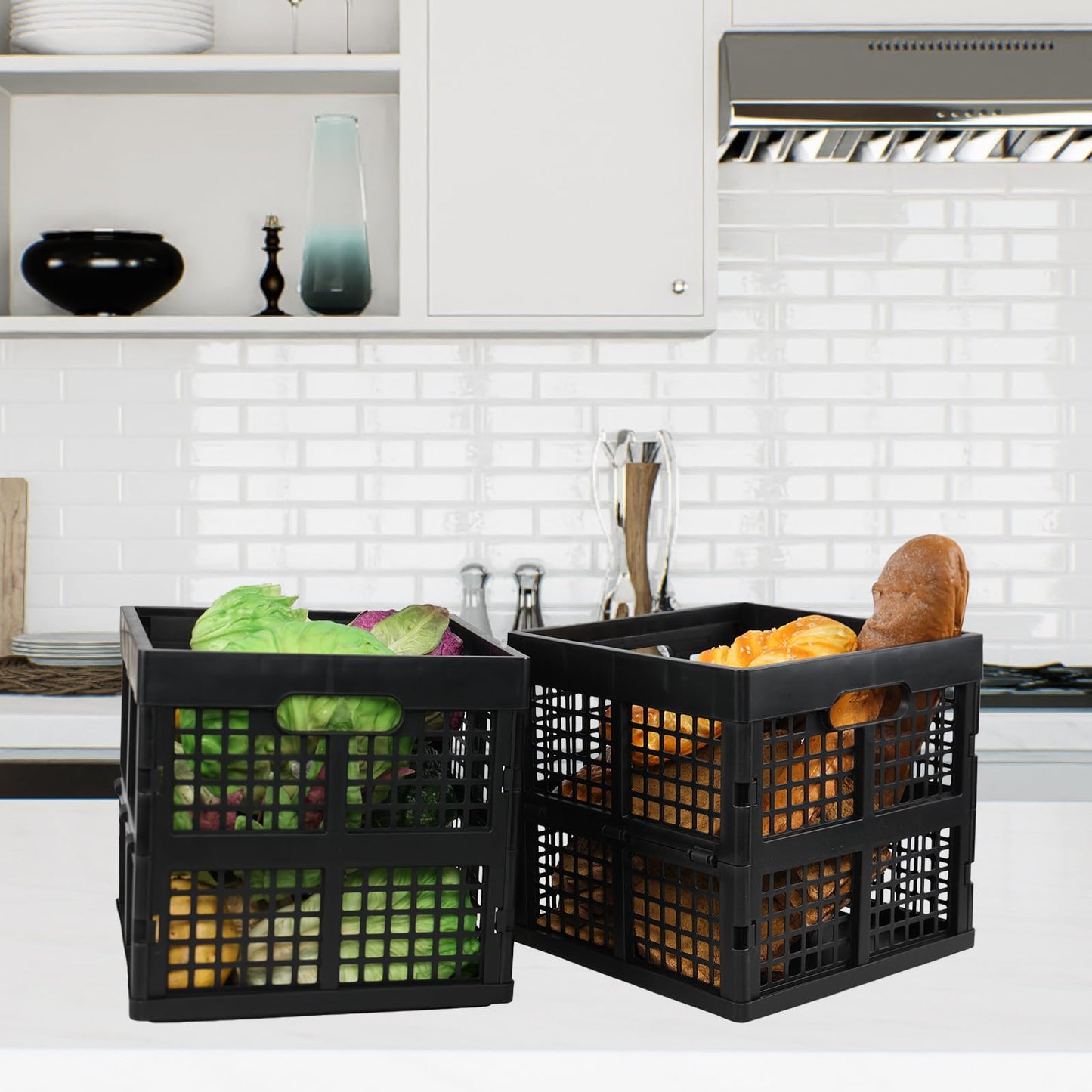 Utiao 18 L Collapsible Storage Crates, Square Plastic Crates, Black, 3 Pack