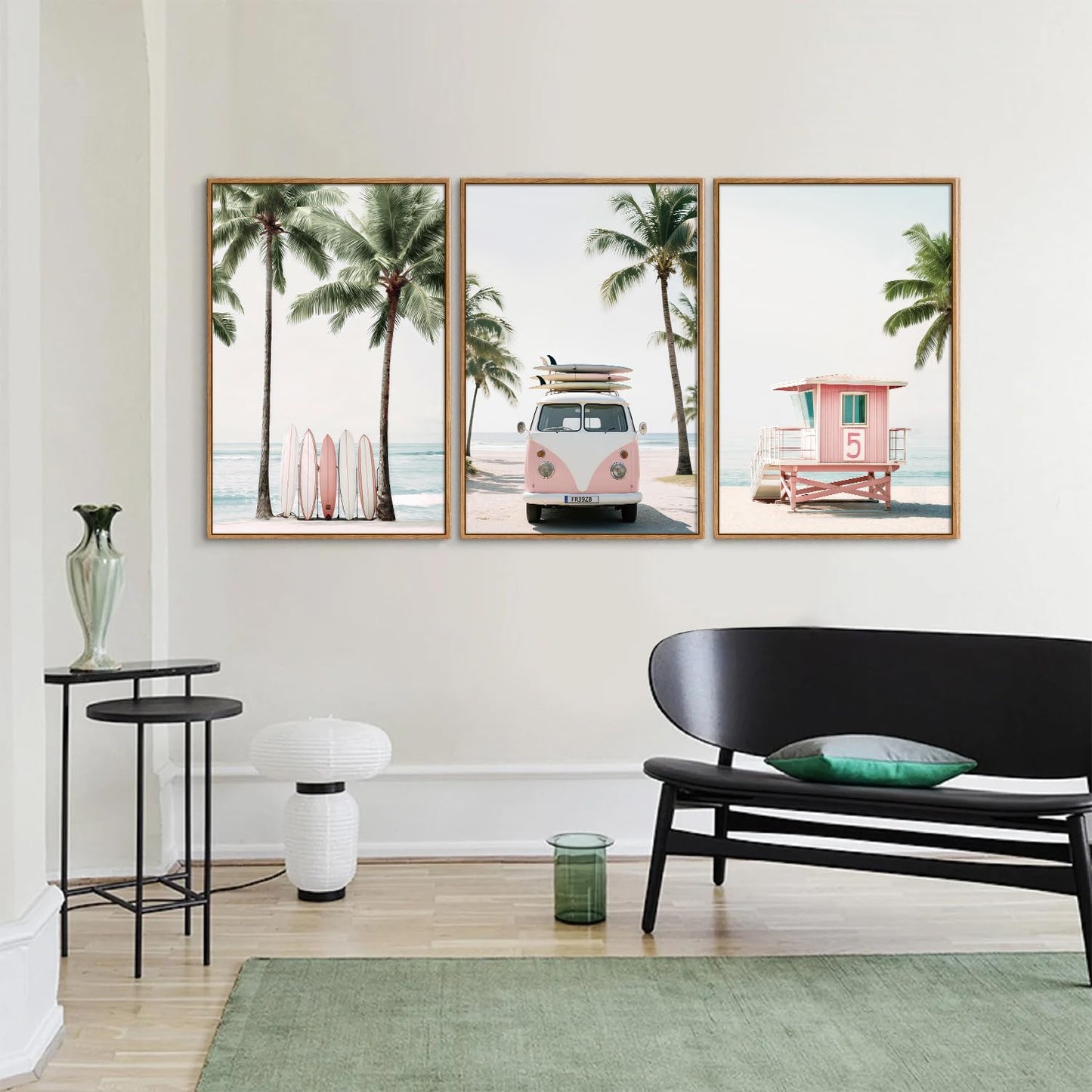 KYLESONLIE Tropical Beach Themed Framed Canvas Wall Art, Pastel Girly Surfboard Wall Decor, Relaxing Hawaii Palm Tree Posters, Coastal Beachy Art Paintings for Girls Bedroom Living Room Dorm 16"x24"x3